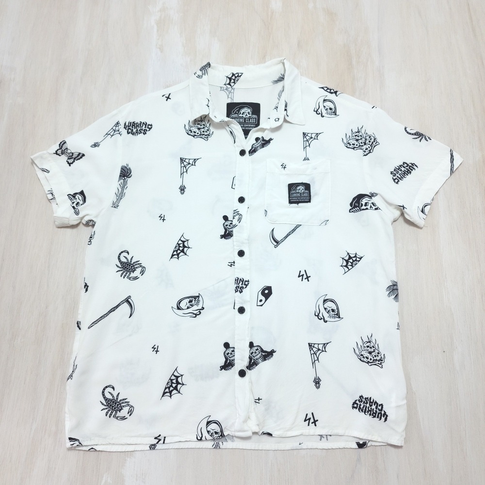 Lurking Class by Sketchy Tank White Black Skull Graphic Button Up Shirt Small